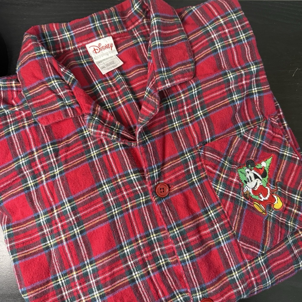 Disney Mens XXL Plaid Flannel Pajama Shirt Mickey Mouse Christmas Tree Pjs